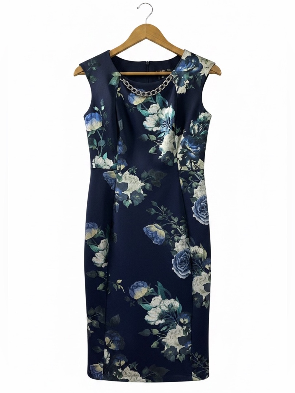Alexa B Nites Navy Sleeveless Chain Neckline Floral Sheath Dress Size 4P - Picture 2 of 9